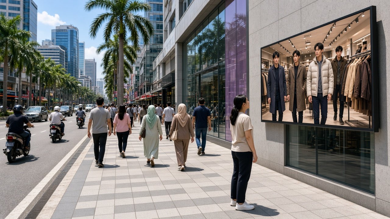 On a sunlit Kuala Lumpur pavement, shoppers including women in hijab pass a wall-mounted screen advertising heavy long-sleeve jackets, while motorbikes stay on the road beyond the kerb.