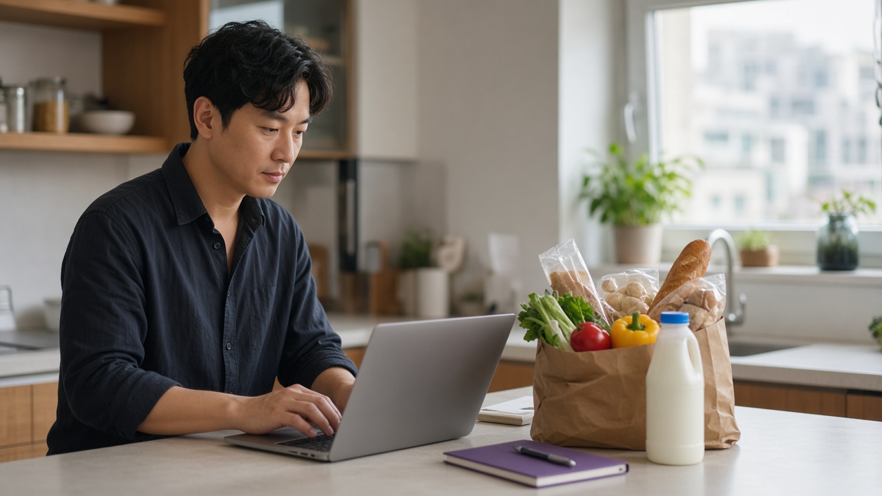 A shopper compares prices on a laptop at a bright kitchen counter, beside a paper bag of groceries, fresh produce and a bottle of milk, with a purple notebook in the foreground.