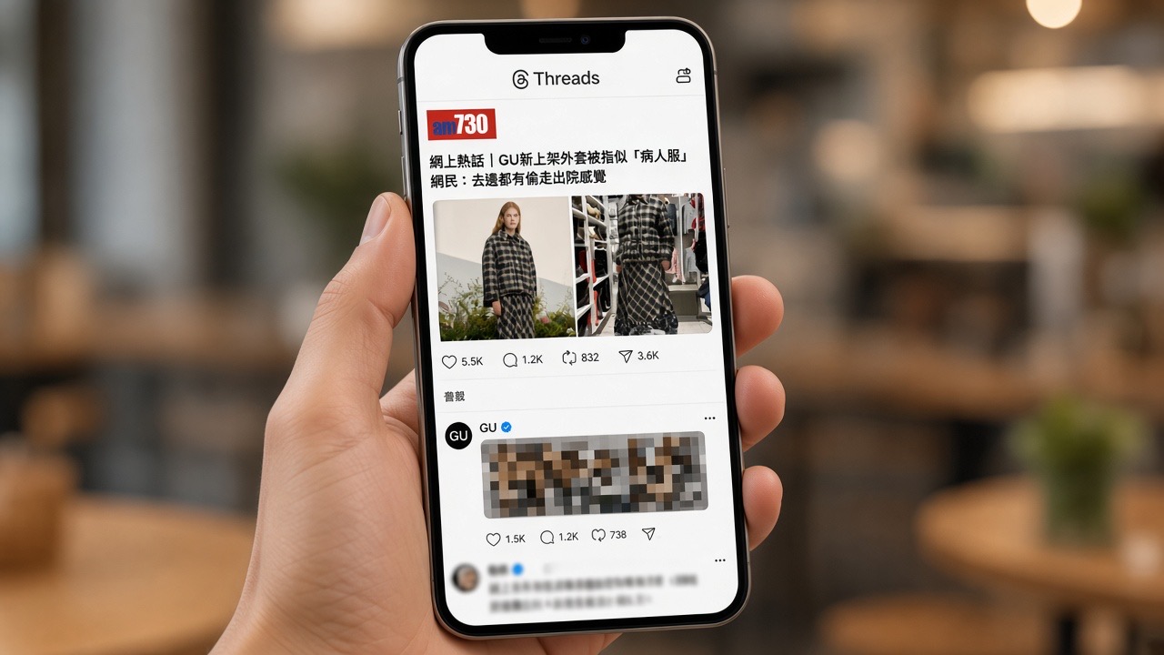 A hand holds a phone on Threads, scrolled past an am730 post to one verified GU reply hidden by a pixel mosaic, with the next comment from another user whose name is blurred.